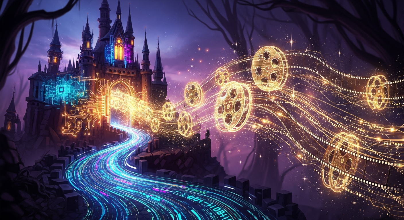 Castelo da Disney se transformando em circuitos digitais com elementos de IA, representando a parceria entre Disney e OpenAI