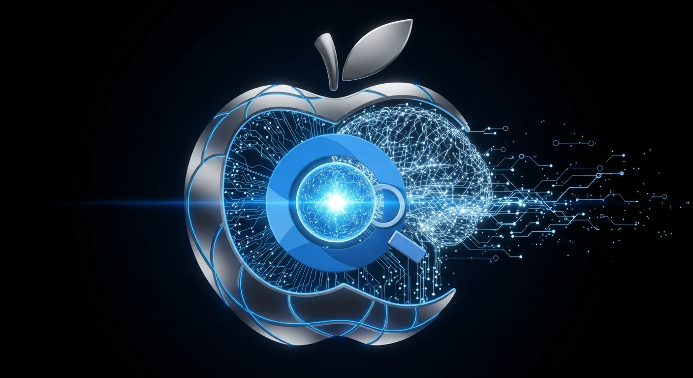 Representação visual da fusão entre tecnologias Apple e Google, simbolizando a parceria estratégica para evolução da inteligência artificial