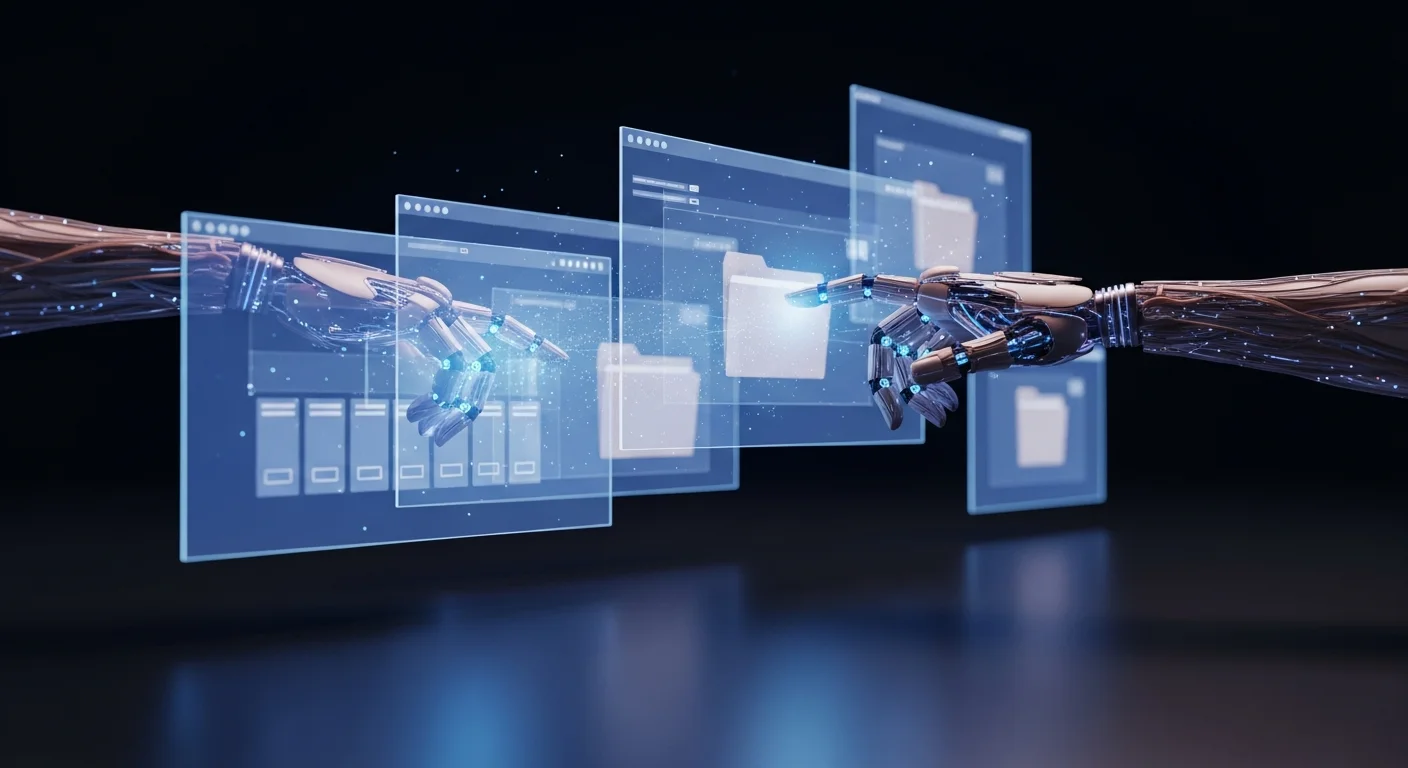 Representação visual de agente de IA controlando múltiplas telas de desktop e arquivos digitais em automação