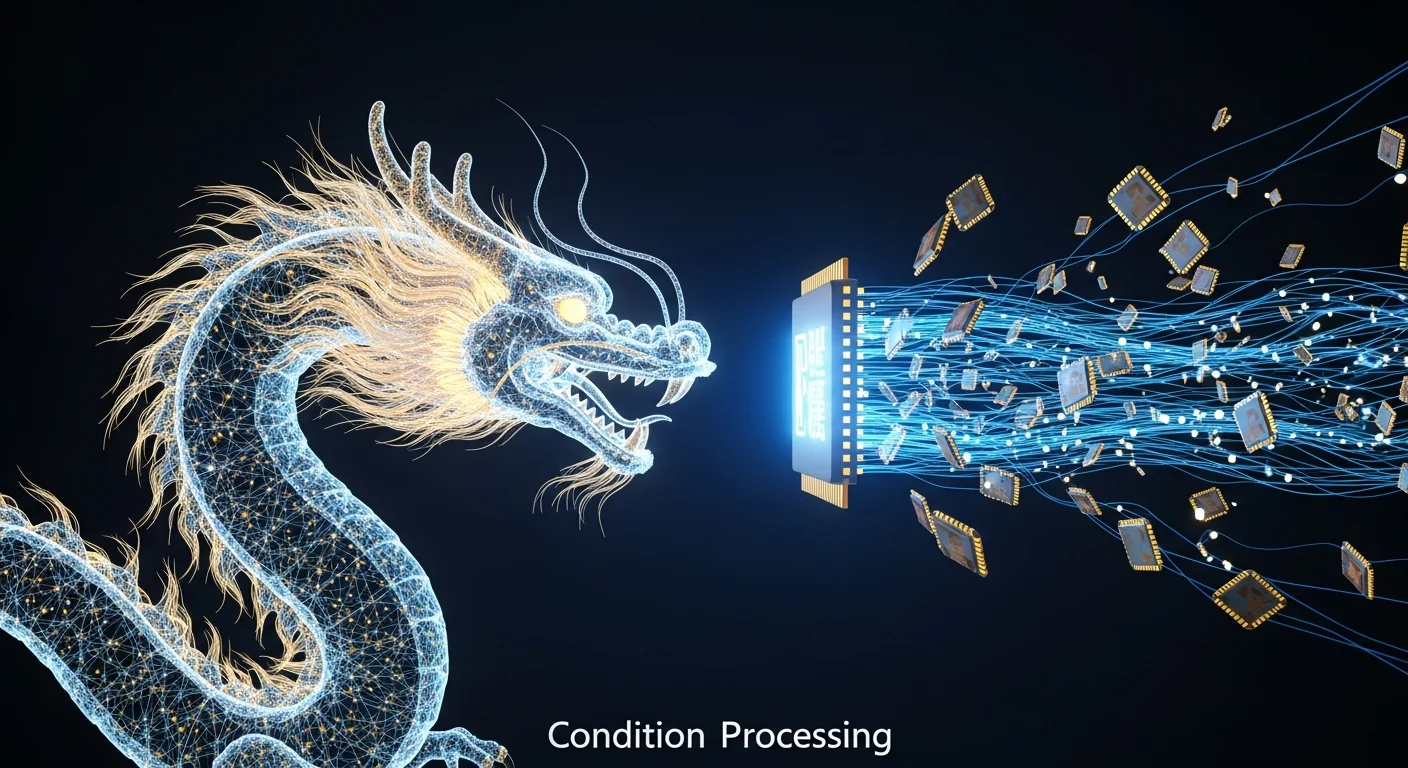 Dragão digital feito de redes neurais brilhantes representando a DeepSeek, cercado por camadas organizadas de chips de memória flutuantes simbolizando o sistema Engram de memória condicional