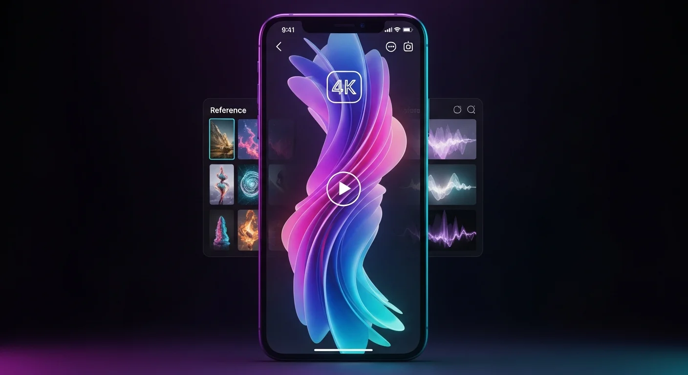 Smartphone exibindo vídeo vertical gerado por IA com elementos de qualidade 4K e imagens de referência ao redor