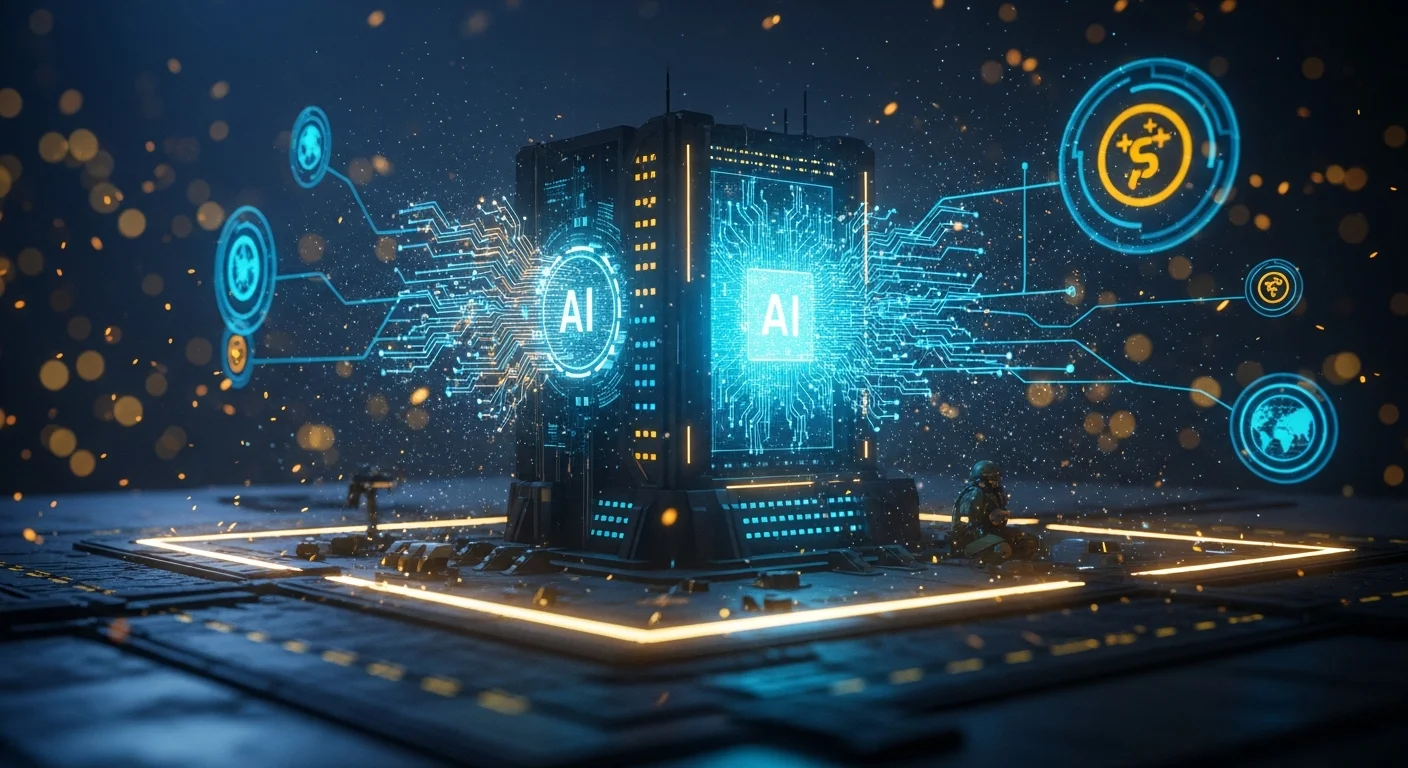 Centro de comando militar com circuitos de IA integrados às redes de defesa, simbolizando a adoção do Grok pelo Pentágono