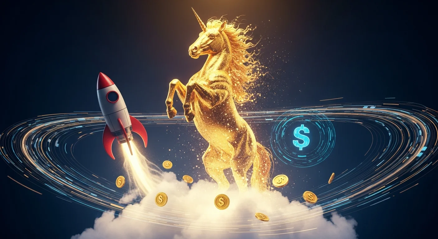 Representação visual de startup unicórnio em vídeo IA com elementos de crescimento financeiro e streams de dados visuais