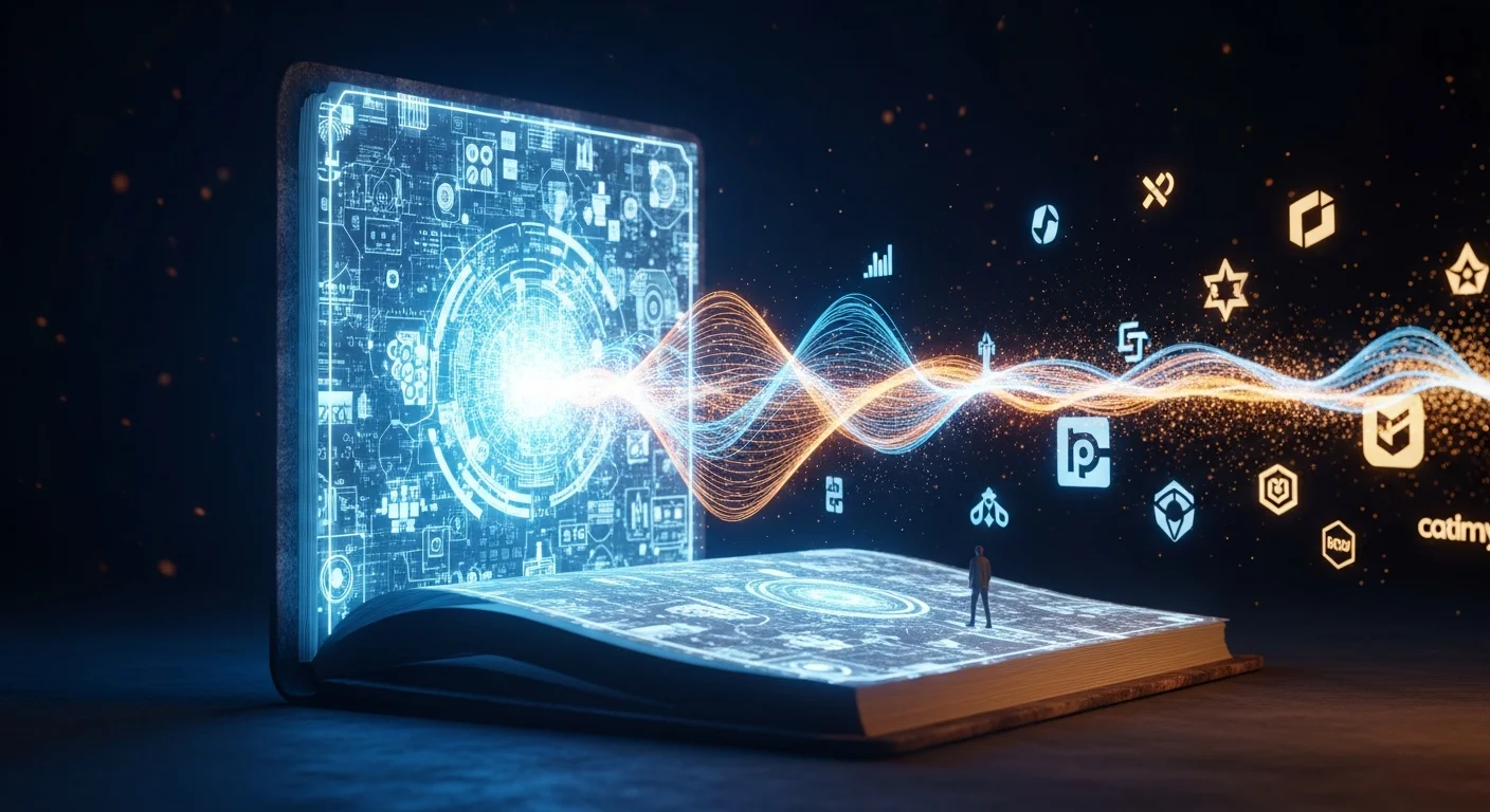 Representação visual da Wikipedia compartilhando conhecimento com empresas de tecnologia através de fluxos de dados digitais