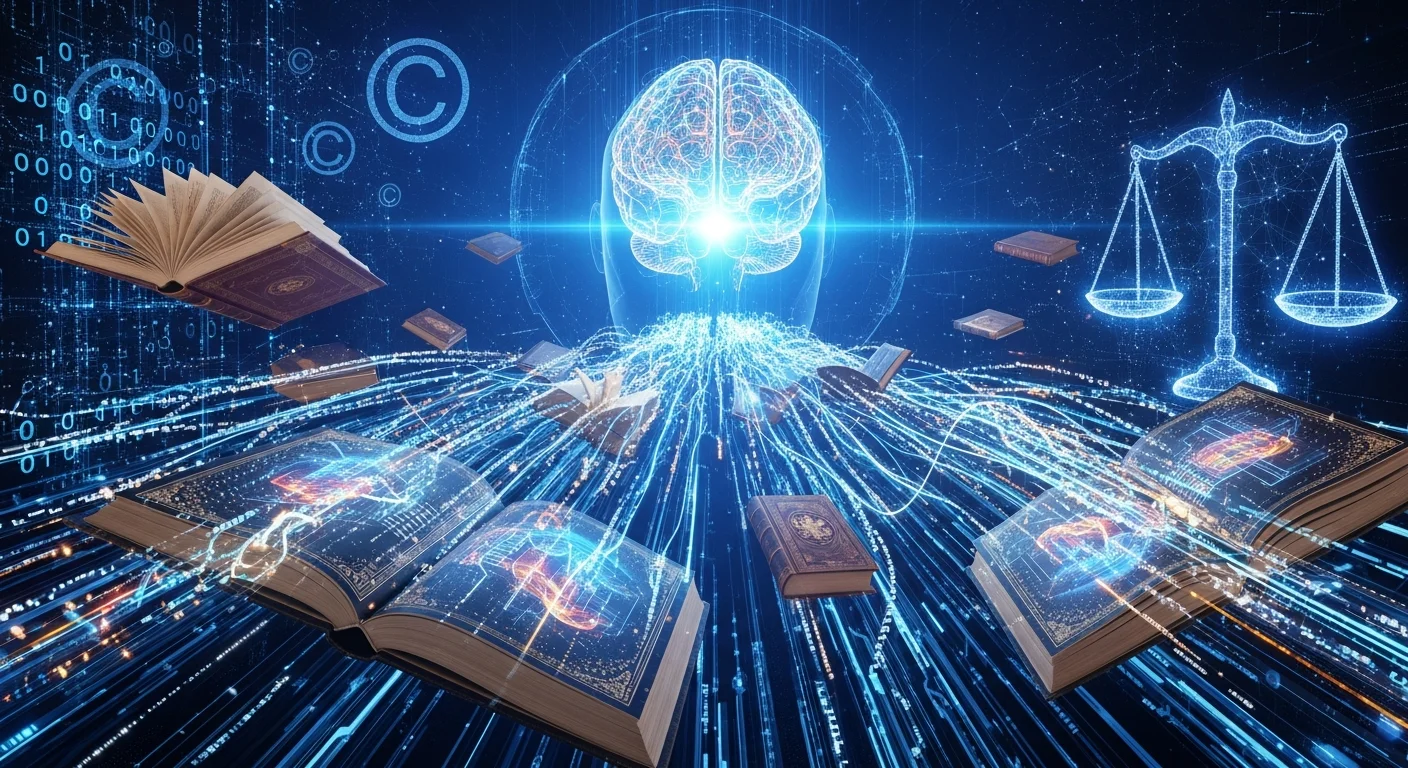 Representação visual de livros sendo processados por inteligência artificial com elementos de justiça e direitos autorais