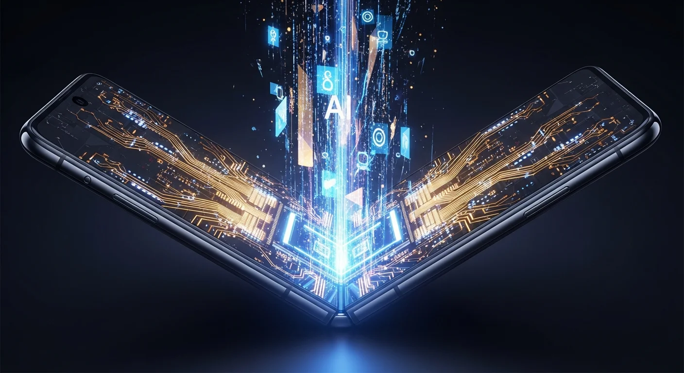 iPhone Fold abrindo como um livro com circuitos brilhantes e fluxos de dados de IA ao redor em fundo escuro tecnológico