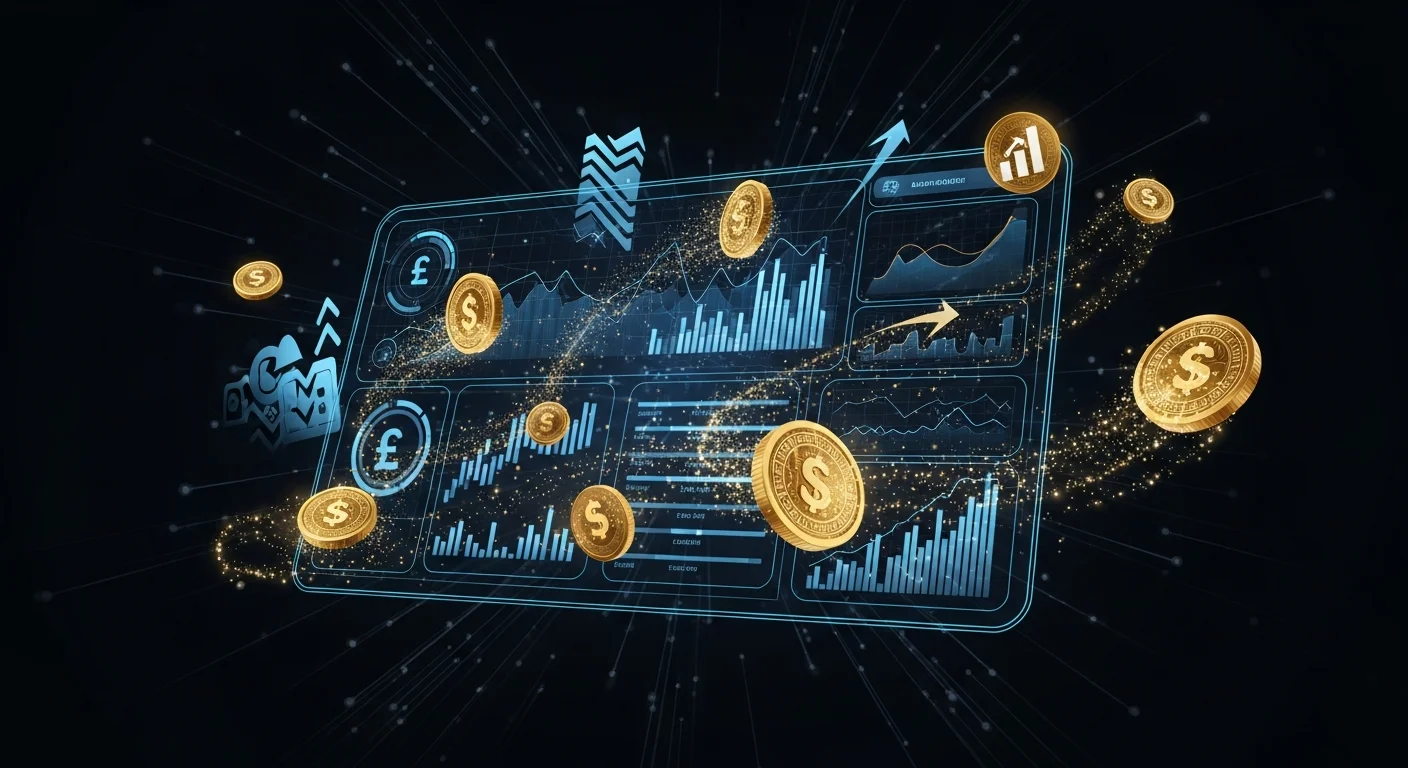 Interface de chatbot com elementos publicitários e símbolos de monetização digital em ambiente tecnológico futurista